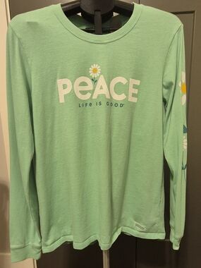 Life is Good Peace Daisy Long Sleeve Tee Women’s Large Green Graphic Shirt